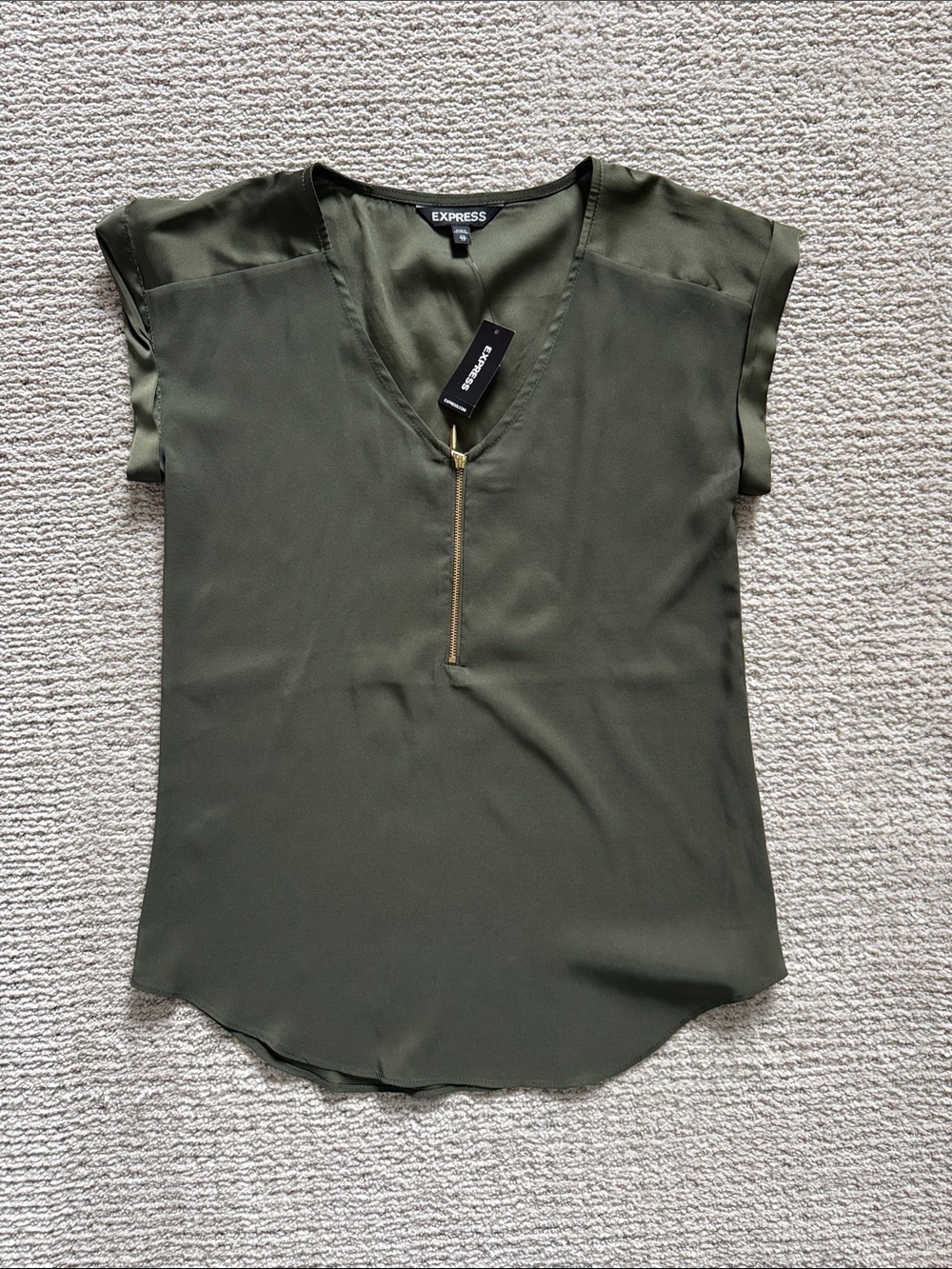 Express Olive Green V-Neck Zip Cap Sleeve Blouse
